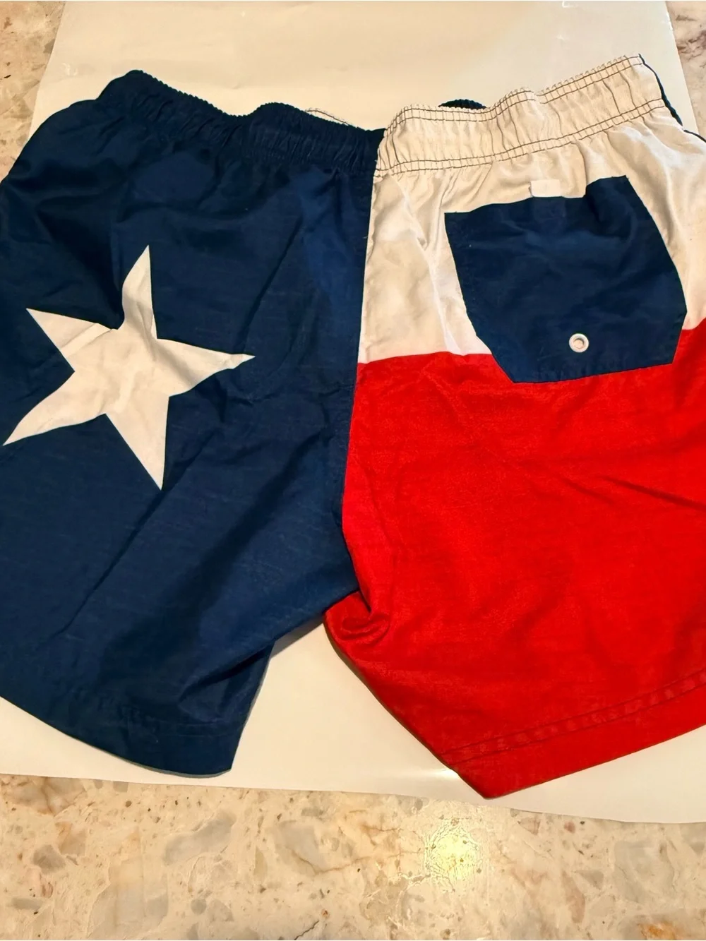George Men's Swim Trunks L Blue Red White Texas Flag Elastic Waist Drawstring